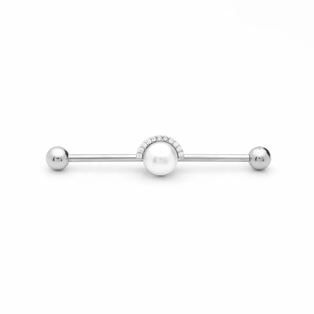 Pearl and Half CZ Rim Edge Industrial Barbell - Silver