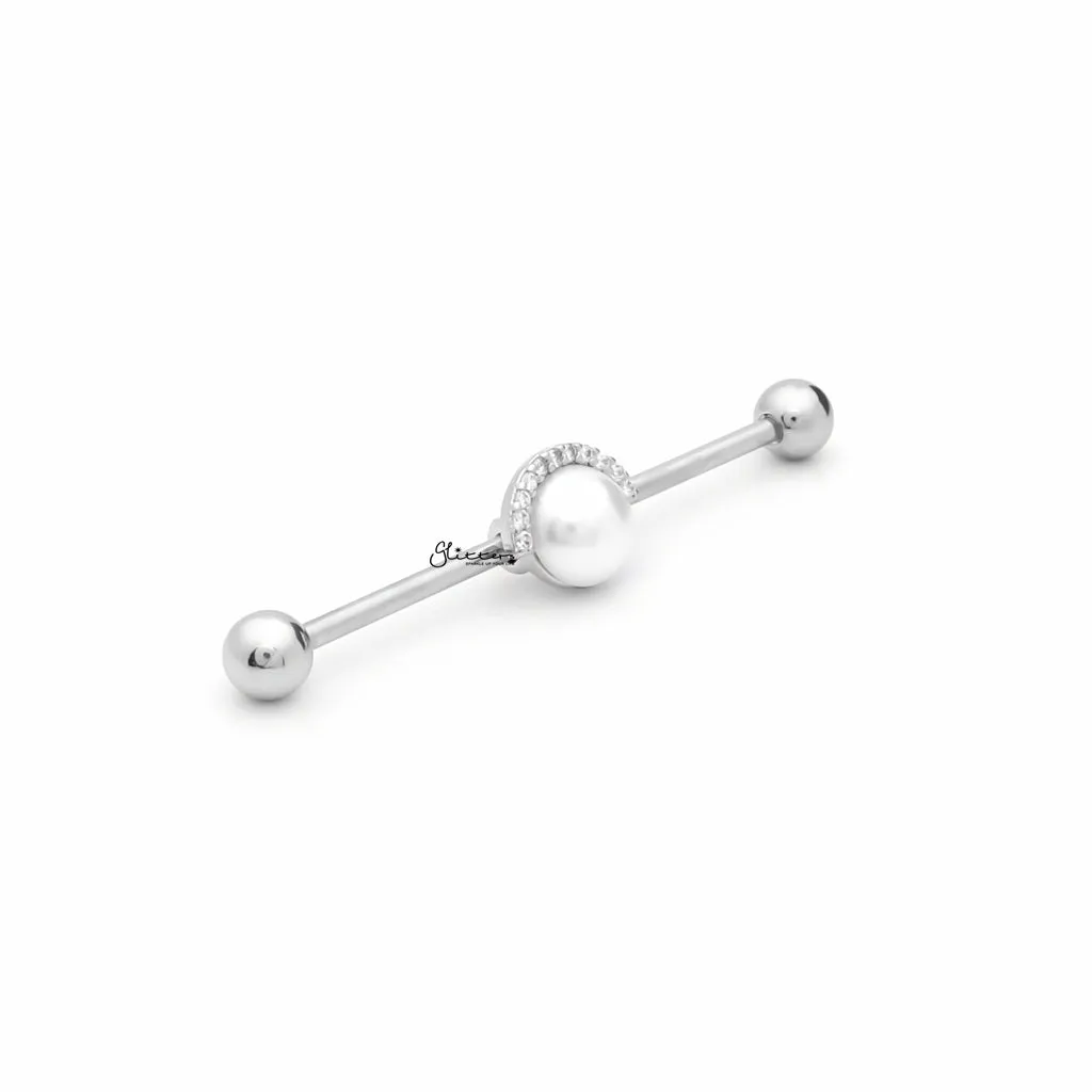 Pearl and Half CZ Rim Edge Industrial Barbell - Silver