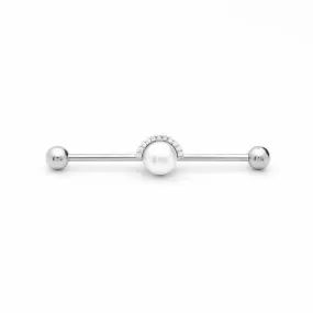 Pearl and Half CZ Rim Edge Industrial Barbell - Silver