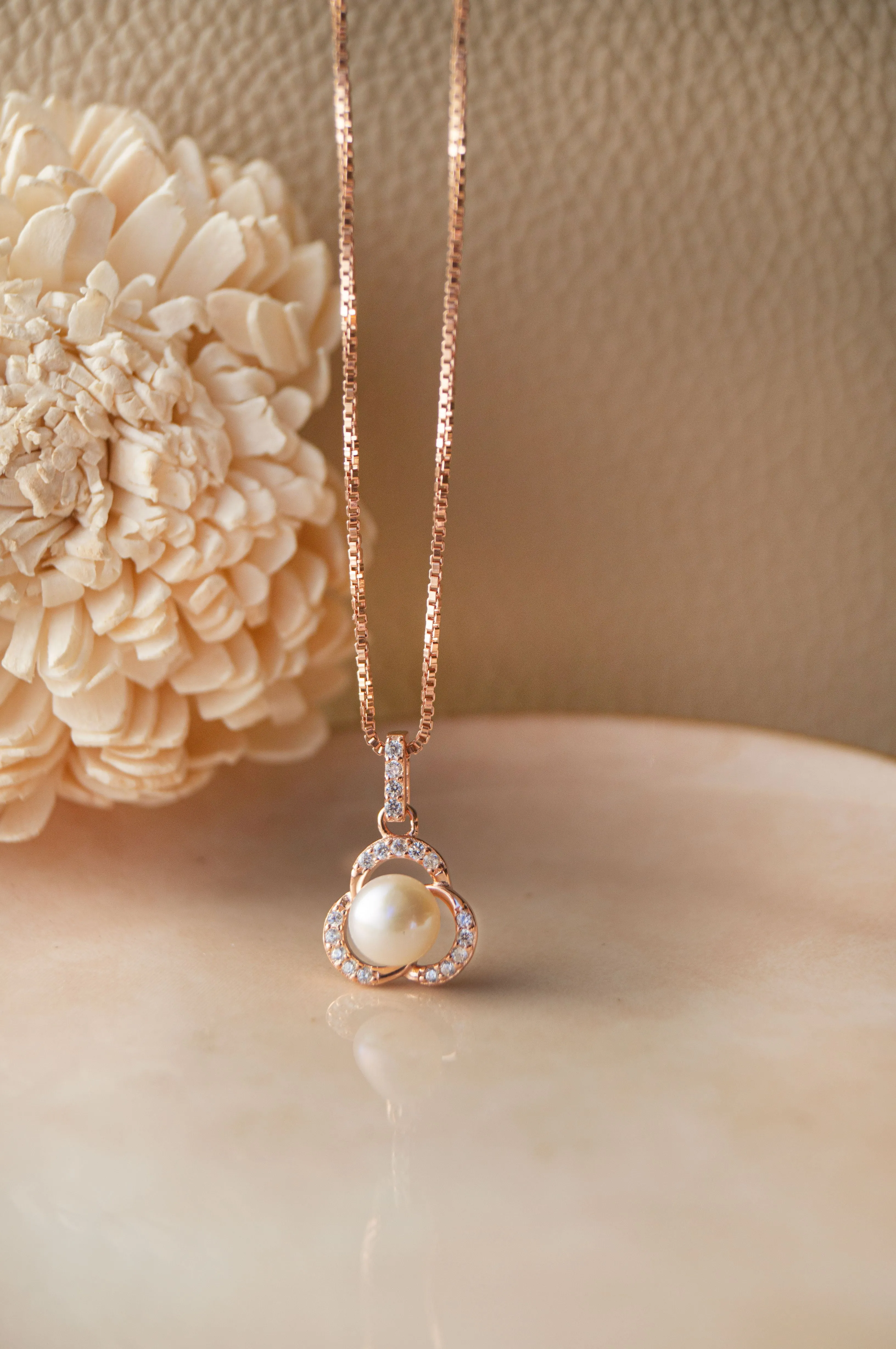 Pearl Enclosed Flower Rose Gold Plated Sterling Silver Pendant