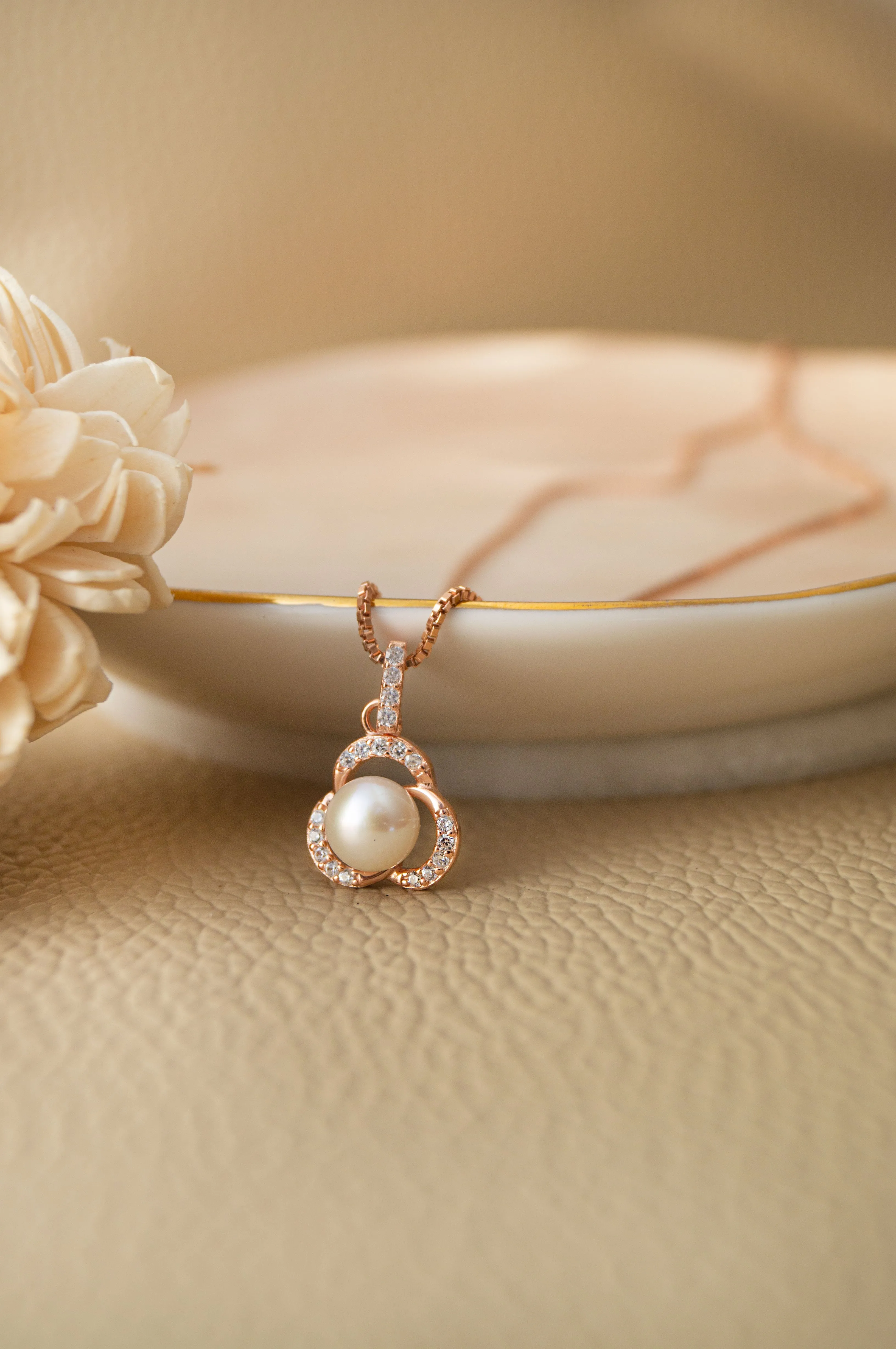 Pearl Enclosed Flower Rose Gold Plated Sterling Silver Pendant