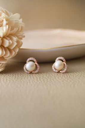 Pearl Enclosed Flower Rose Gold Plated Sterling Silver Stud Earrings