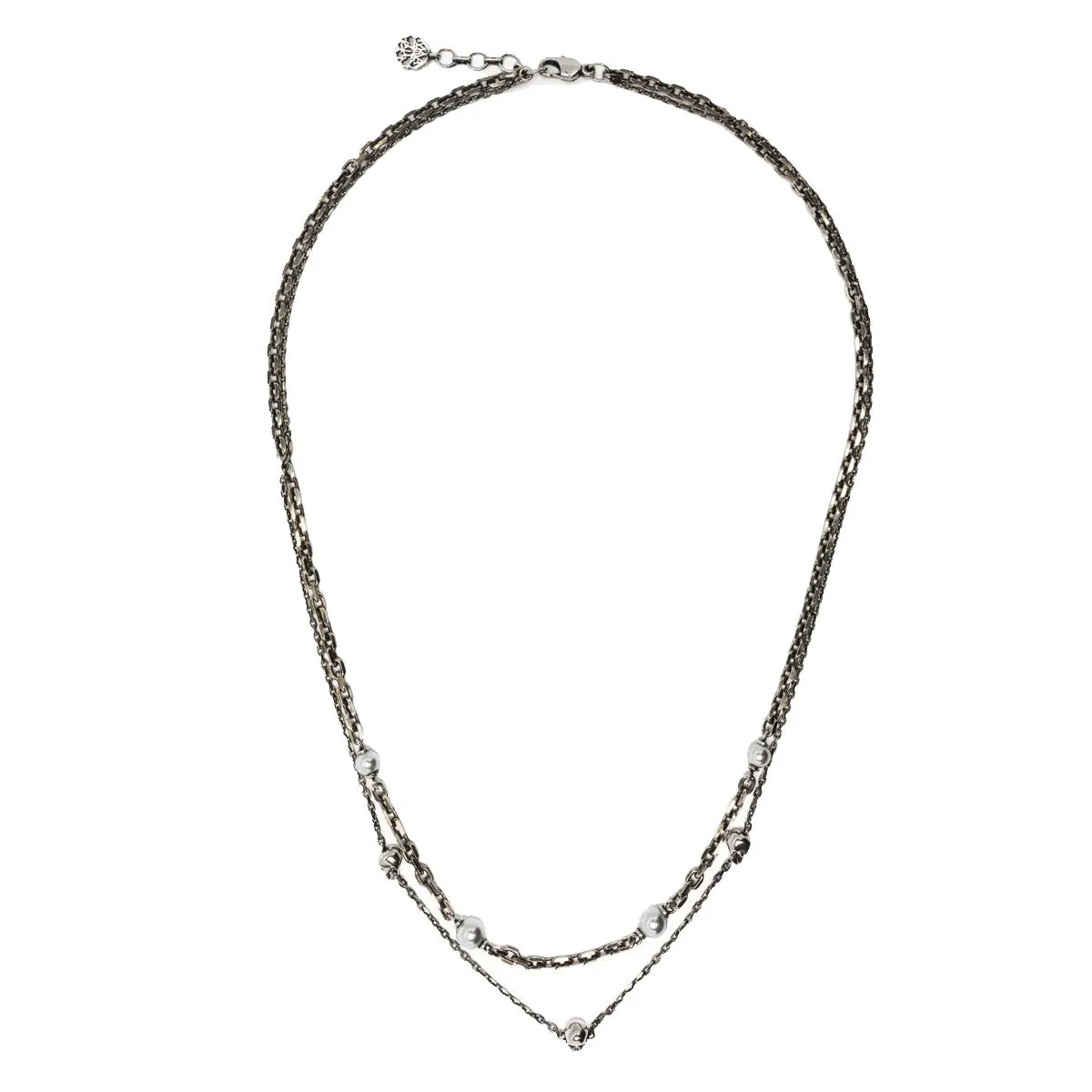 Pearl Skull Double Chain Necklace, Silver