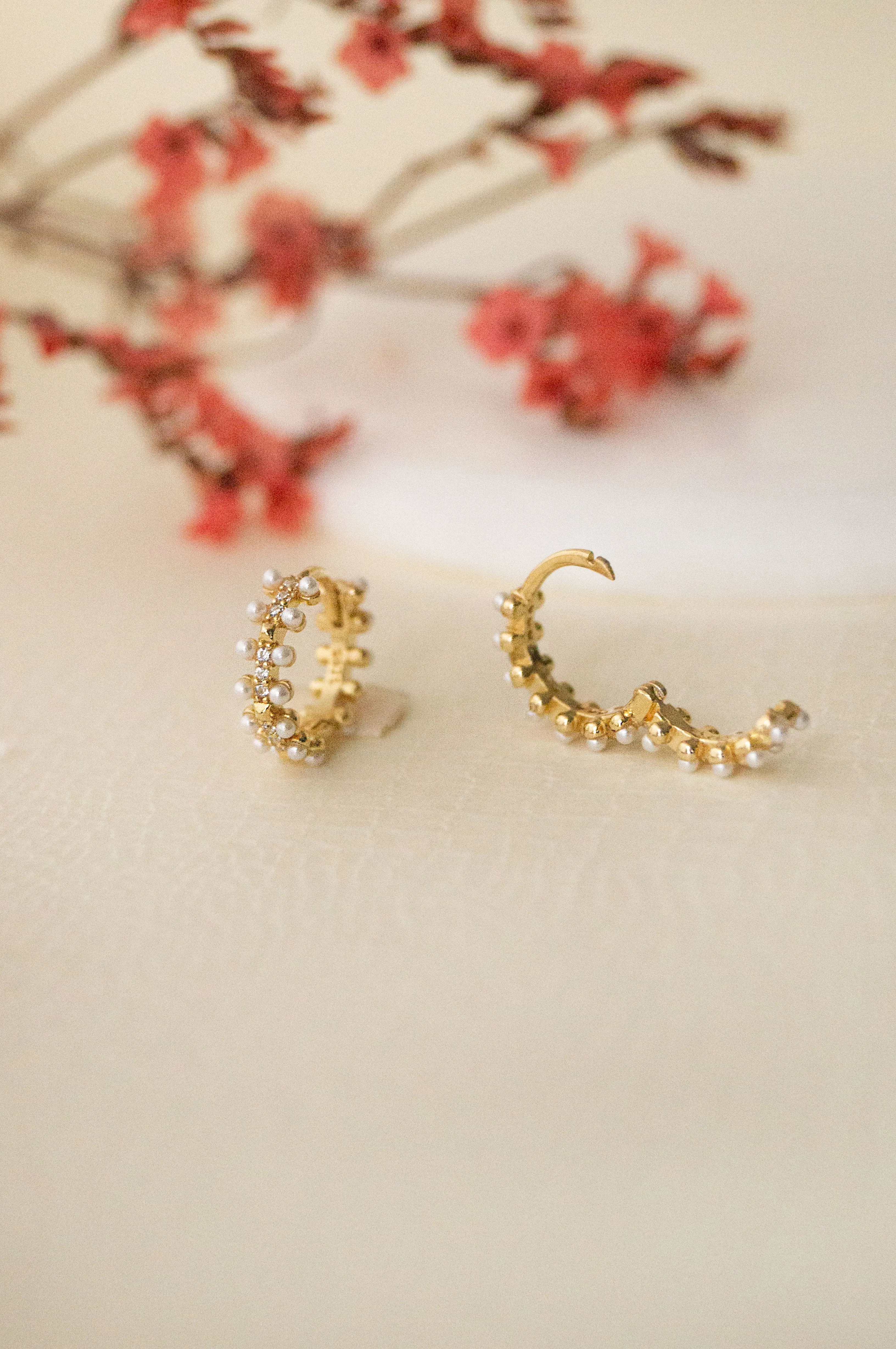 Pearly Shower Gold Plated Sterling Silver French Hoop Earrings