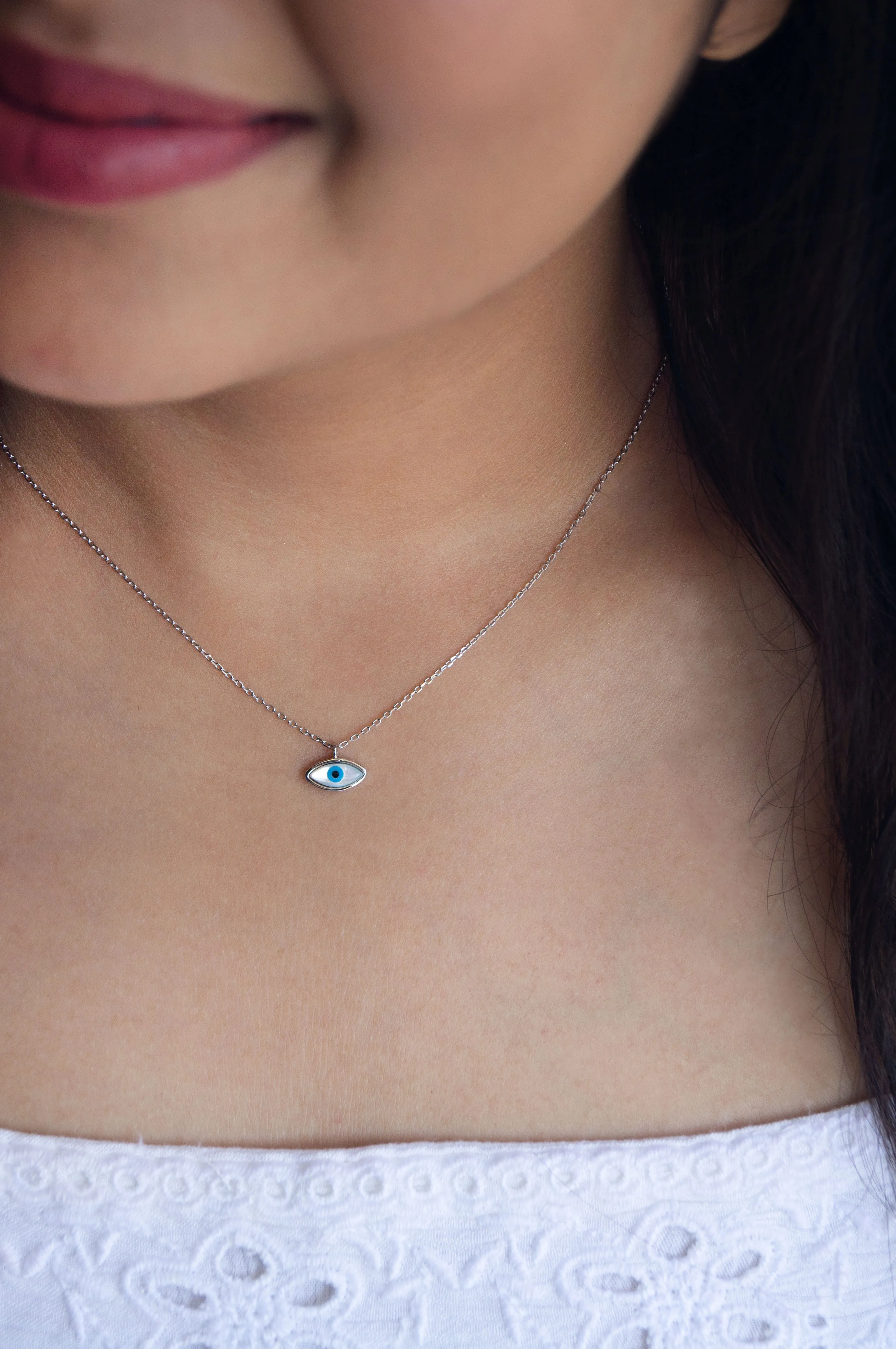 Petite Dainty Evil Eye Sterling Silver Chain Necklace