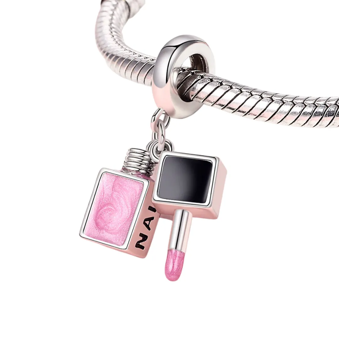 Pink Nail Polish Double Dangle Charm 925 Sterling Silver