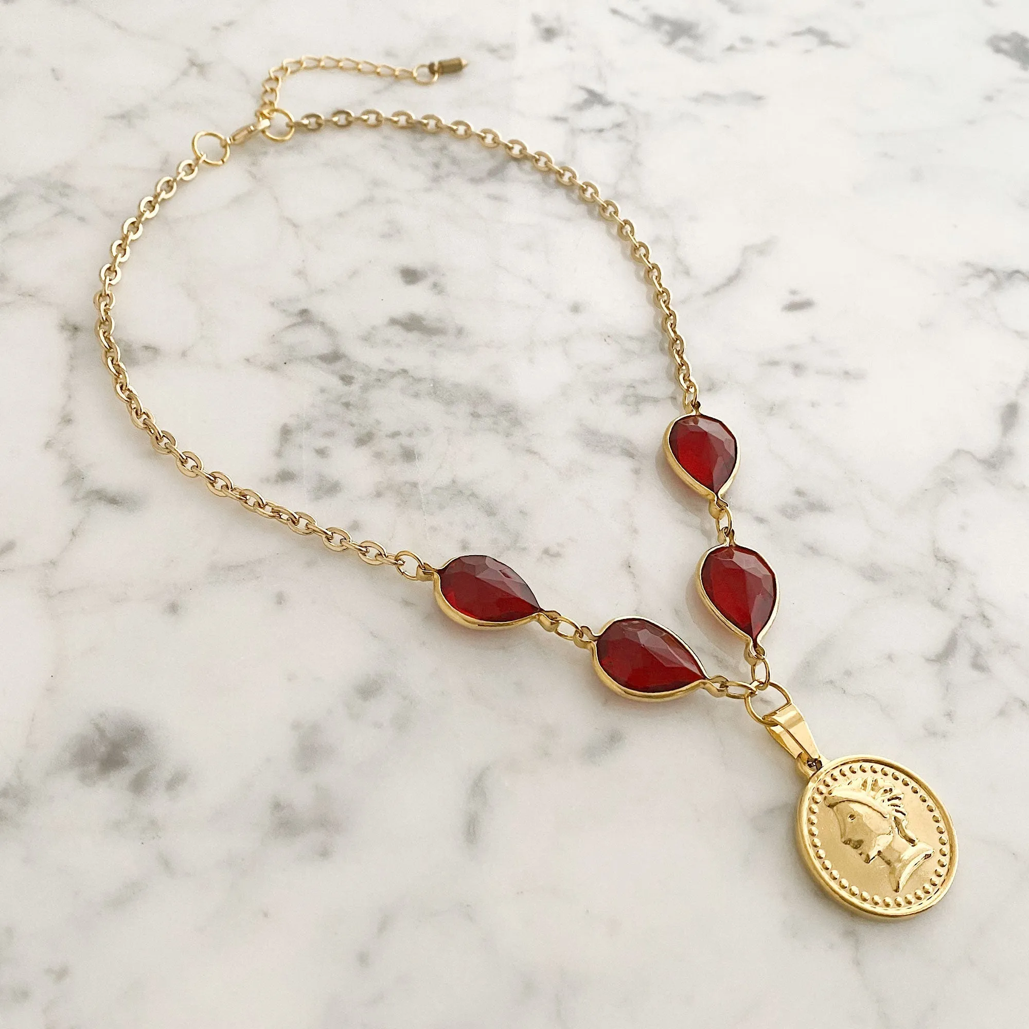 QUINN red crystal gold coin necklace