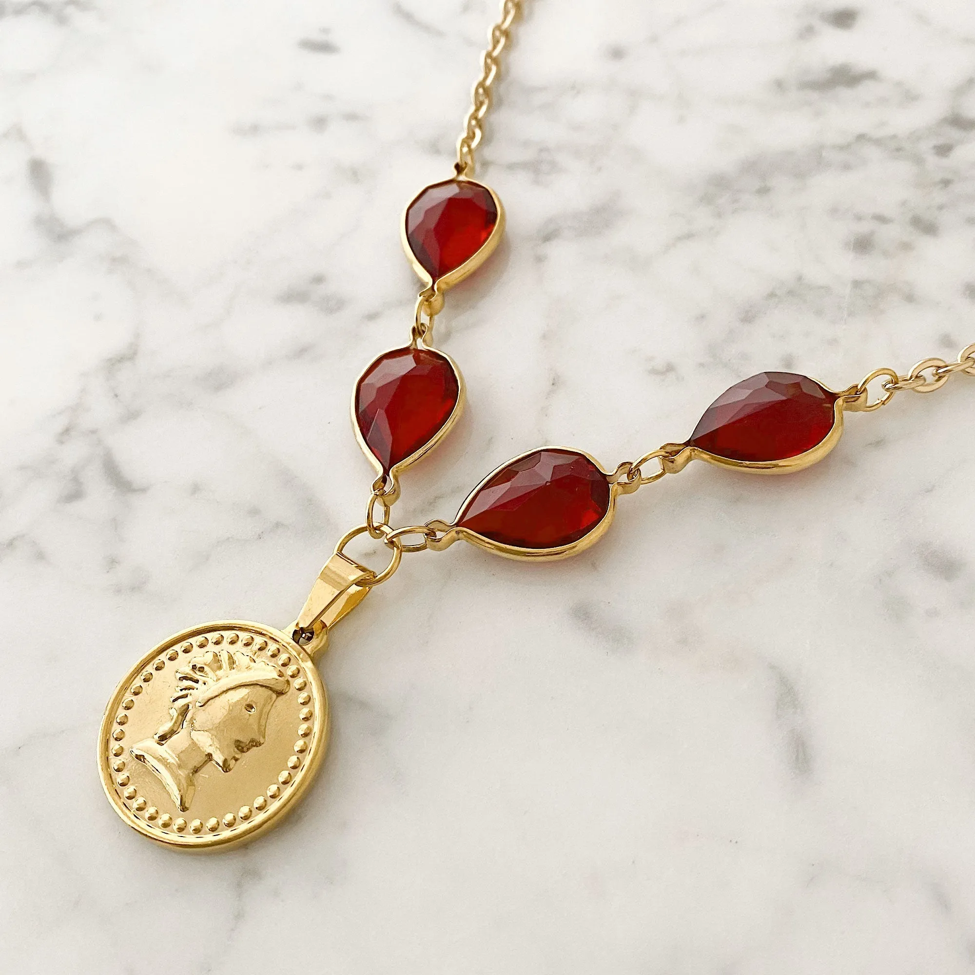 QUINN red crystal gold coin necklace