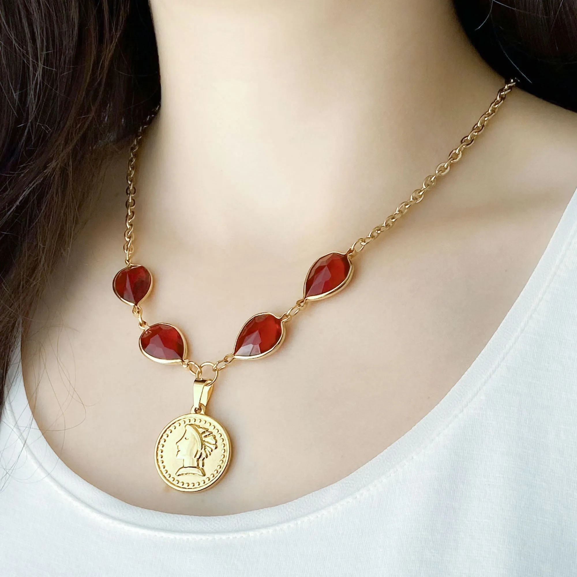 QUINN red crystal gold coin necklace