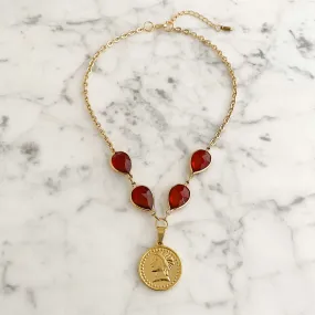 QUINN red crystal gold coin necklace