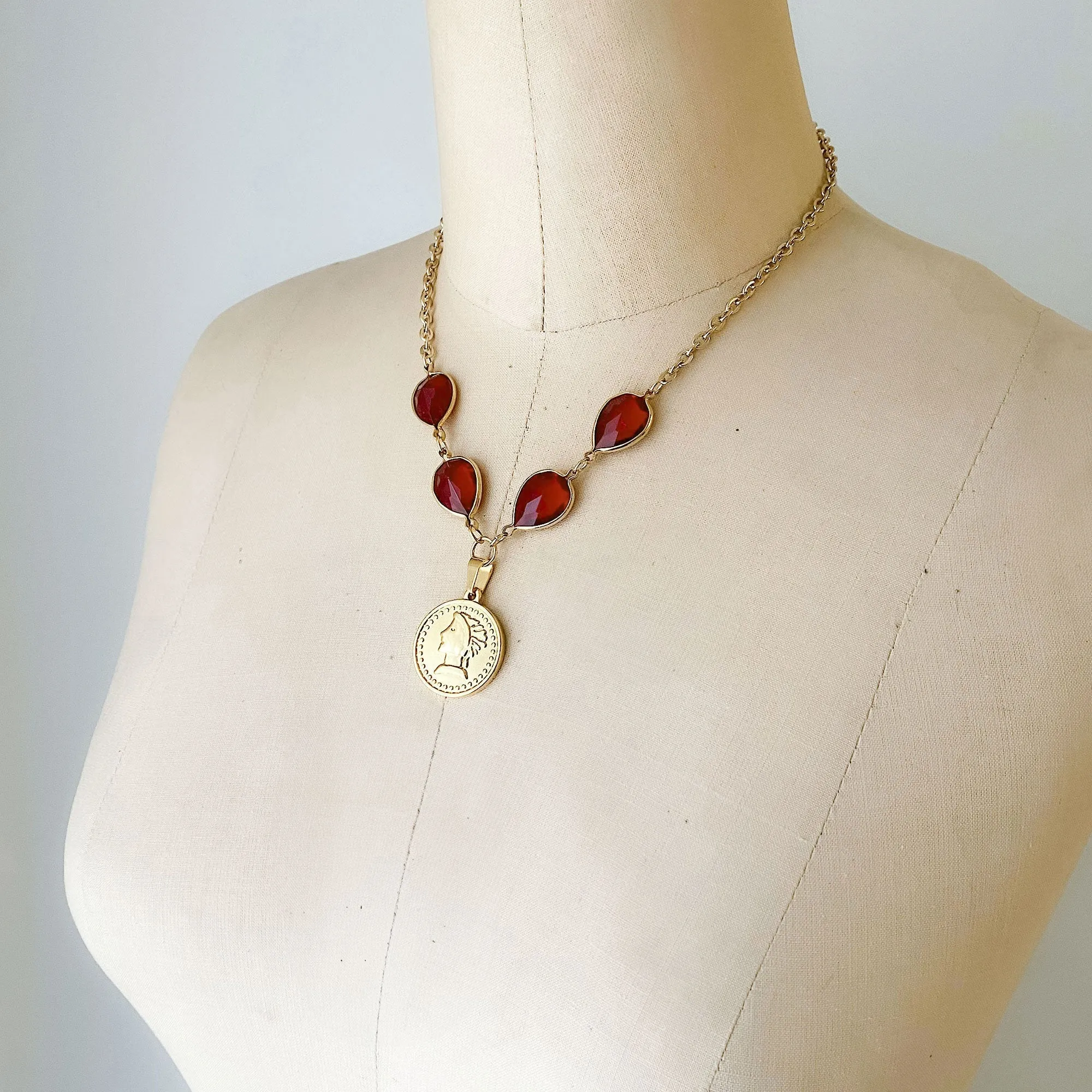 QUINN red crystal gold coin necklace