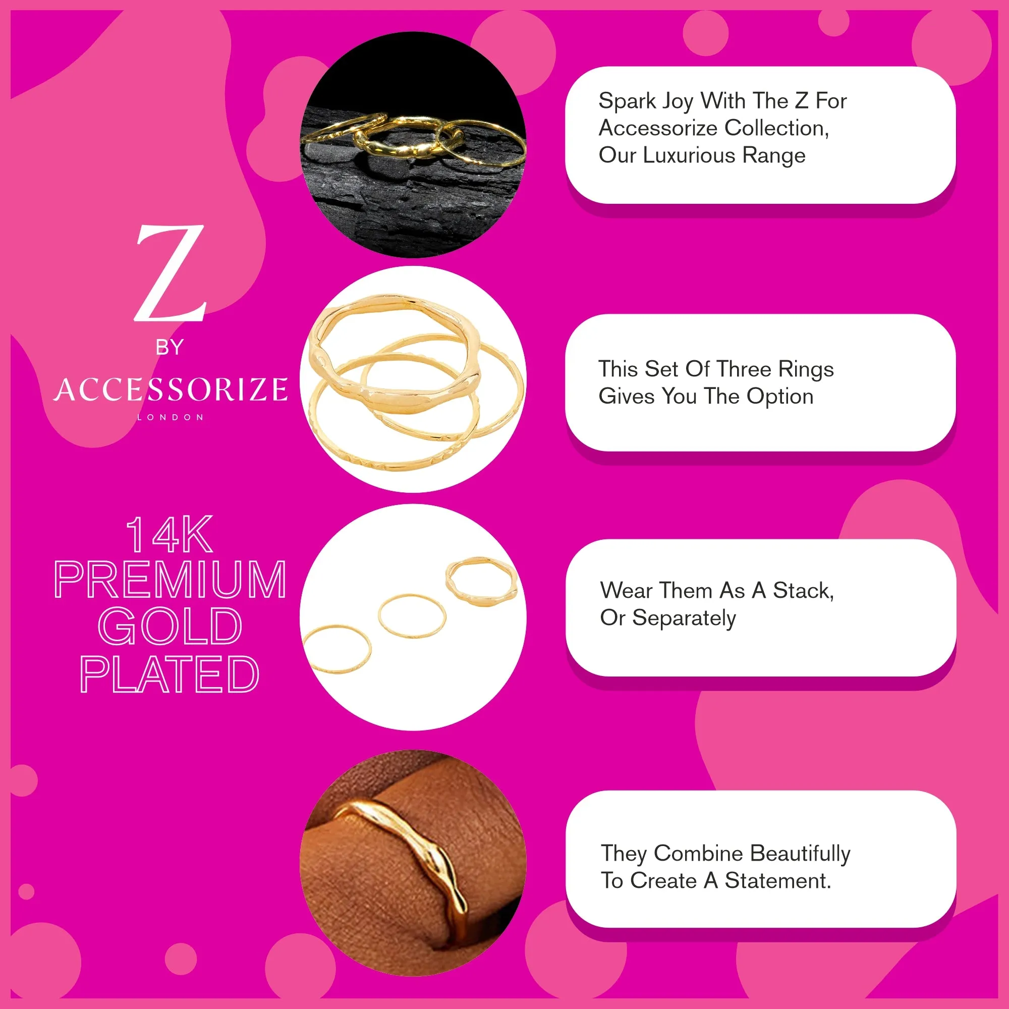 Real Gold Plated Z Gold Molten Rings Set Of Three-Medium