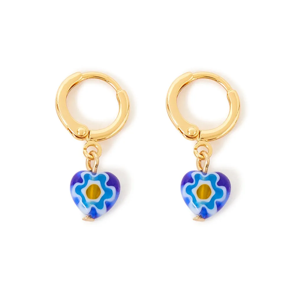 Real Gold Plated Z Murano Blue Glass Heart Huggies Hoop Earring