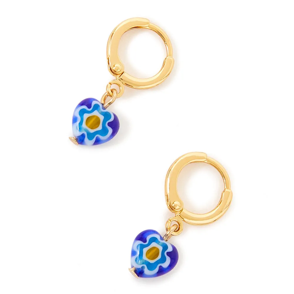 Real Gold Plated Z Murano Blue Glass Heart Huggies Hoop Earring