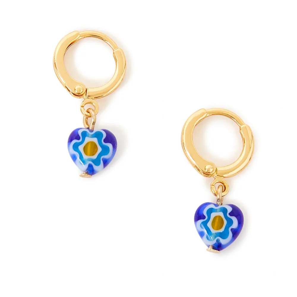 Real Gold Plated Z Murano Blue Glass Heart Huggies Hoop Earring