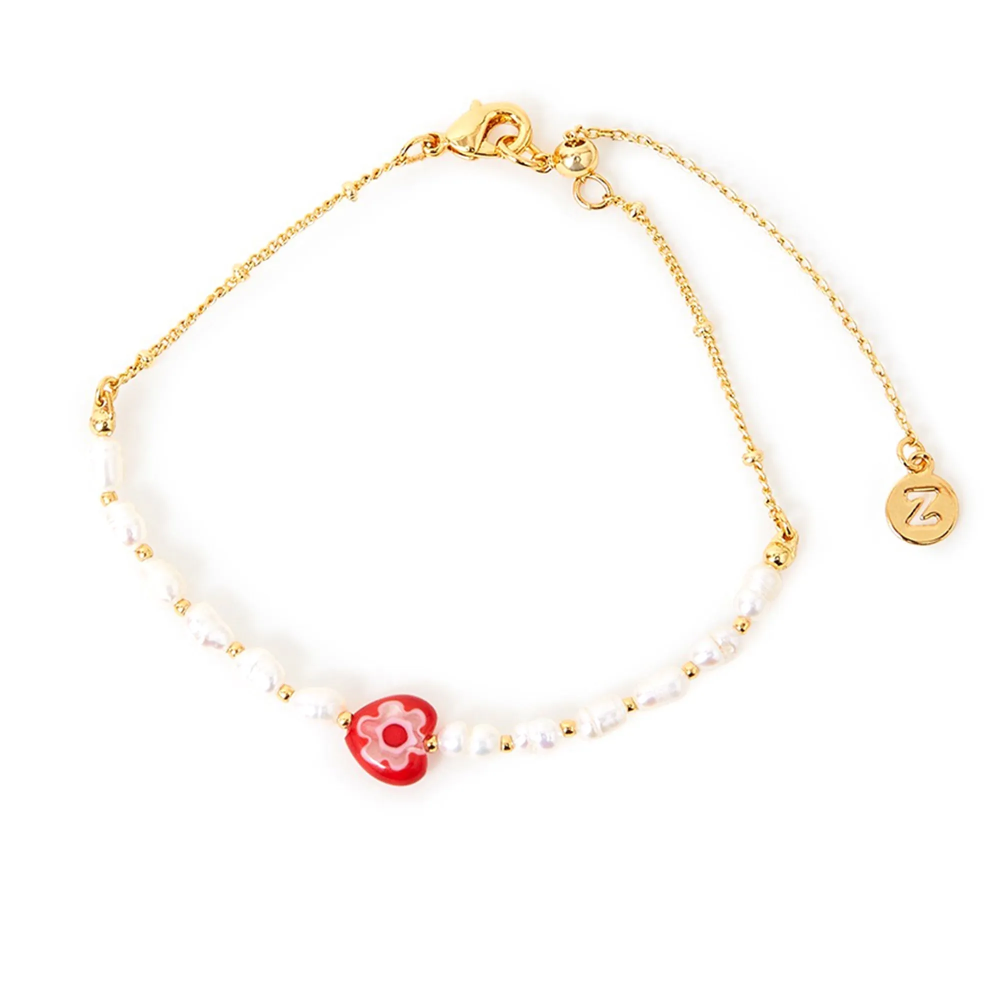 Real Gold Plated Z Murano Glass Heart And Pearl Slider Bracelet