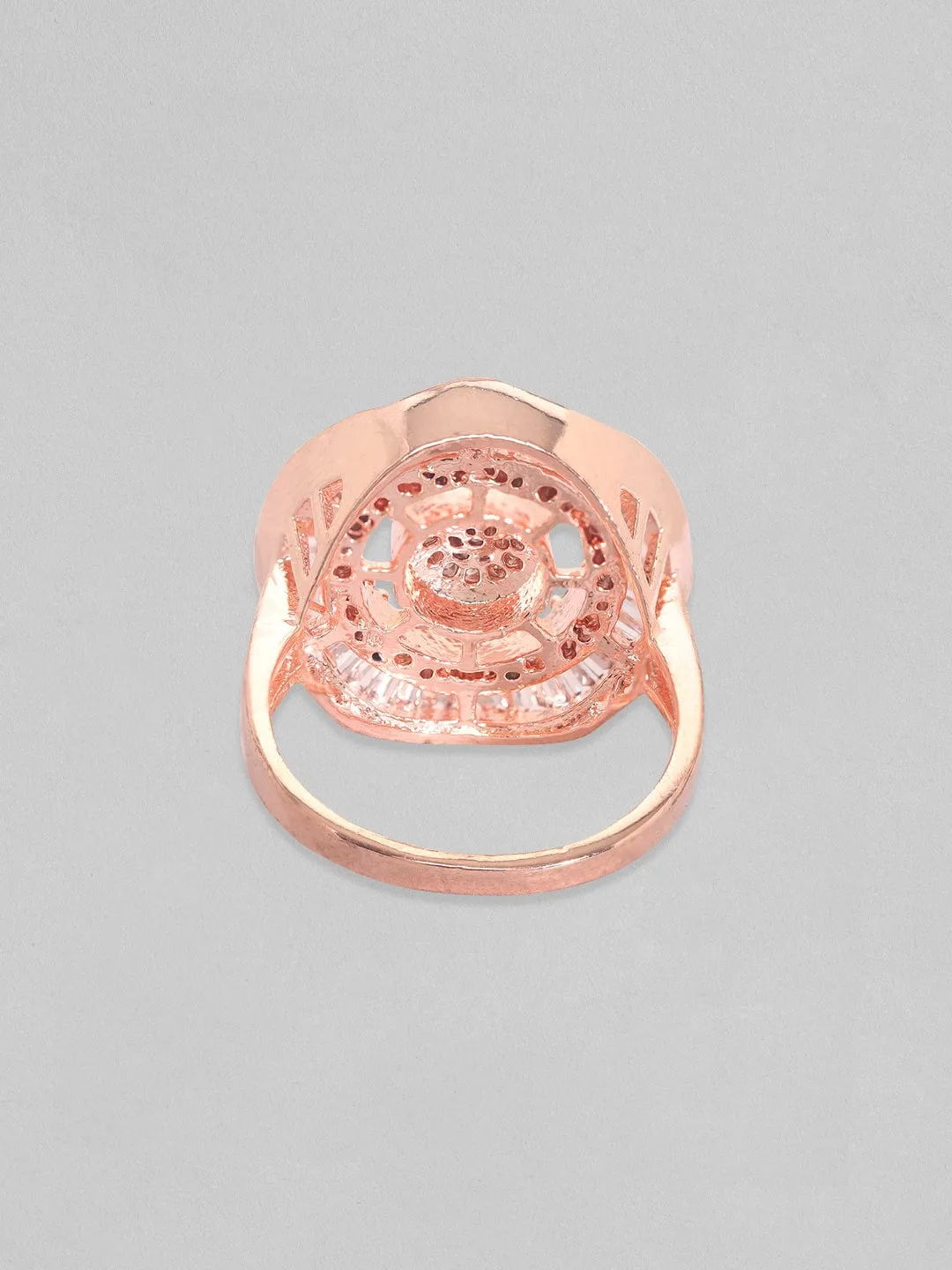 Rubans 18K Rose Gold Plated Baguette & Round Zircons Studded Adjustable Ring