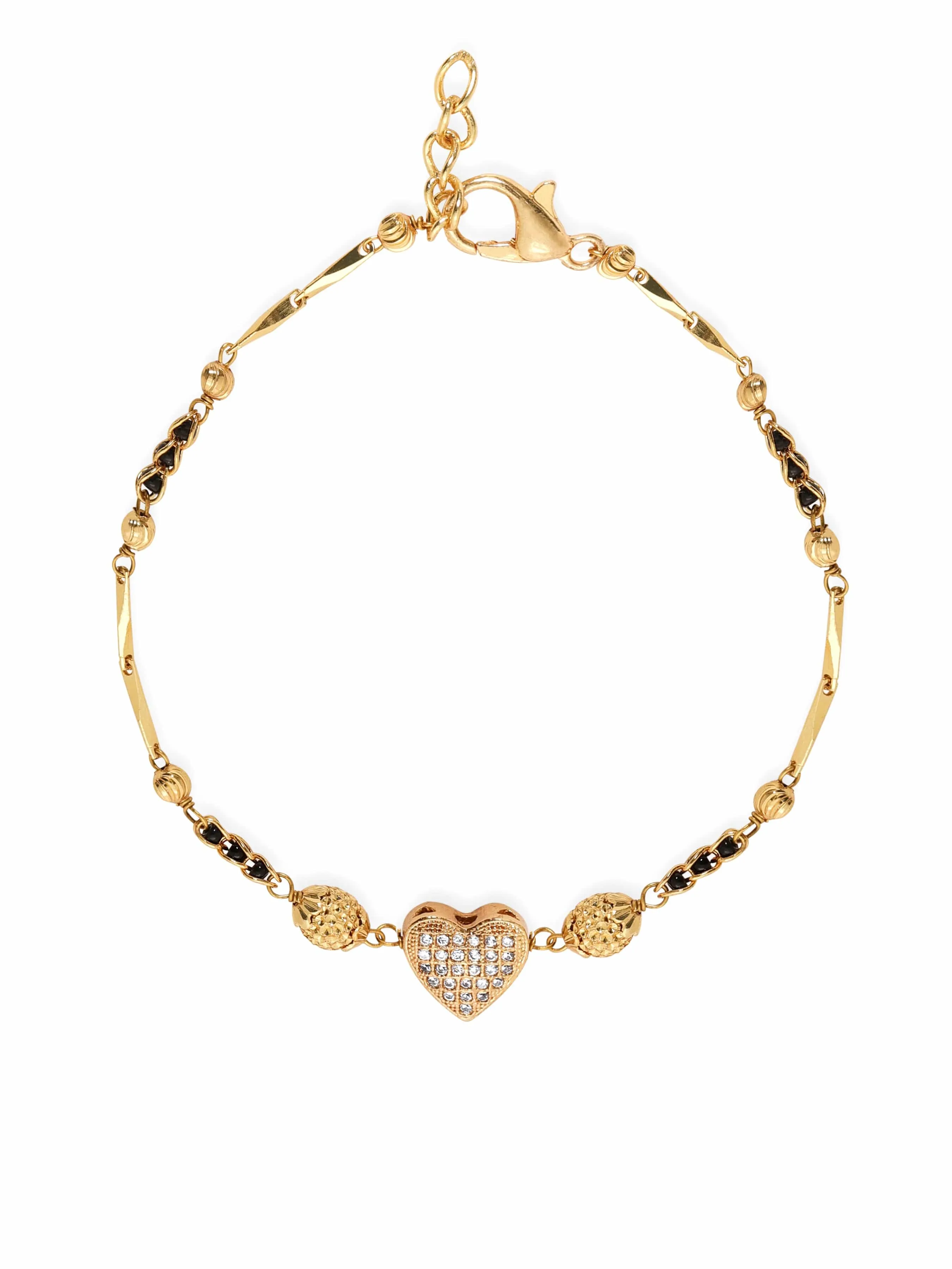 Rubans 18KT Gold Plated Artificial Stones Studded Beaded Heart Shaped Link Mangalsutra Bracelet