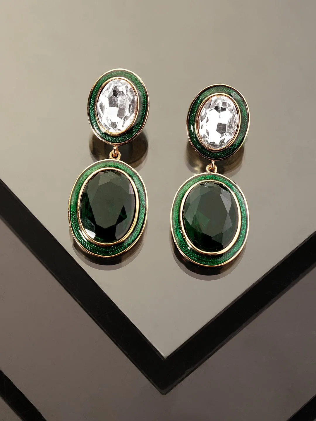 Rubans 22K Antique Gold Plated Emerald Crystal Studded Green Enamel Dangle Earring