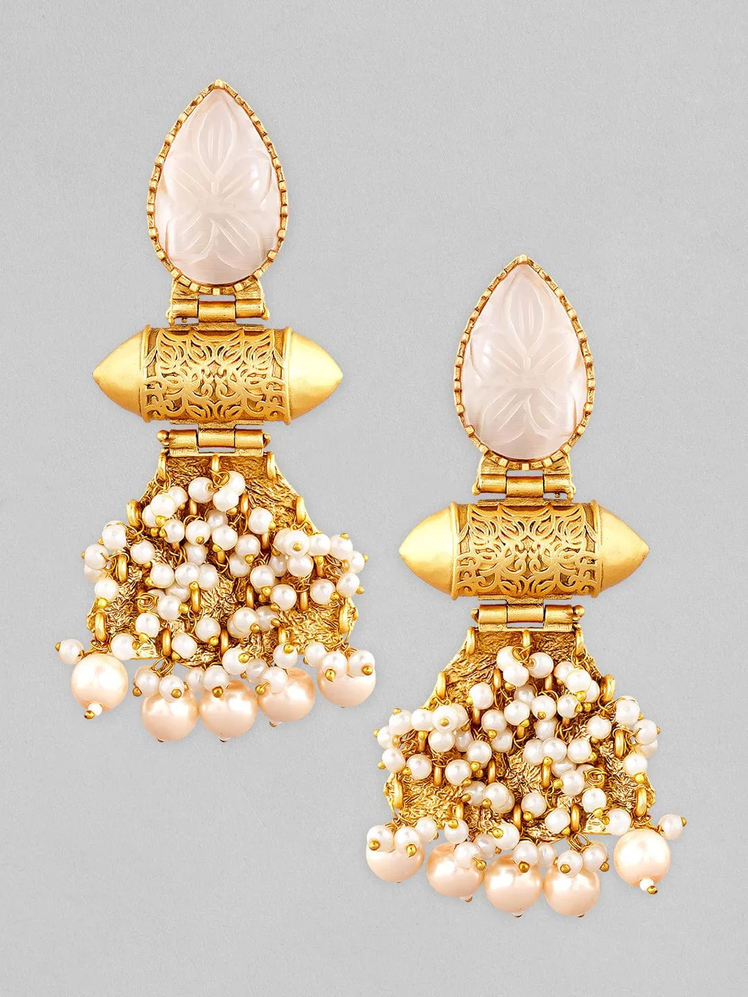 Rubans 22K Gold Plated Drop Earrings With Studded White Stone And Pearls