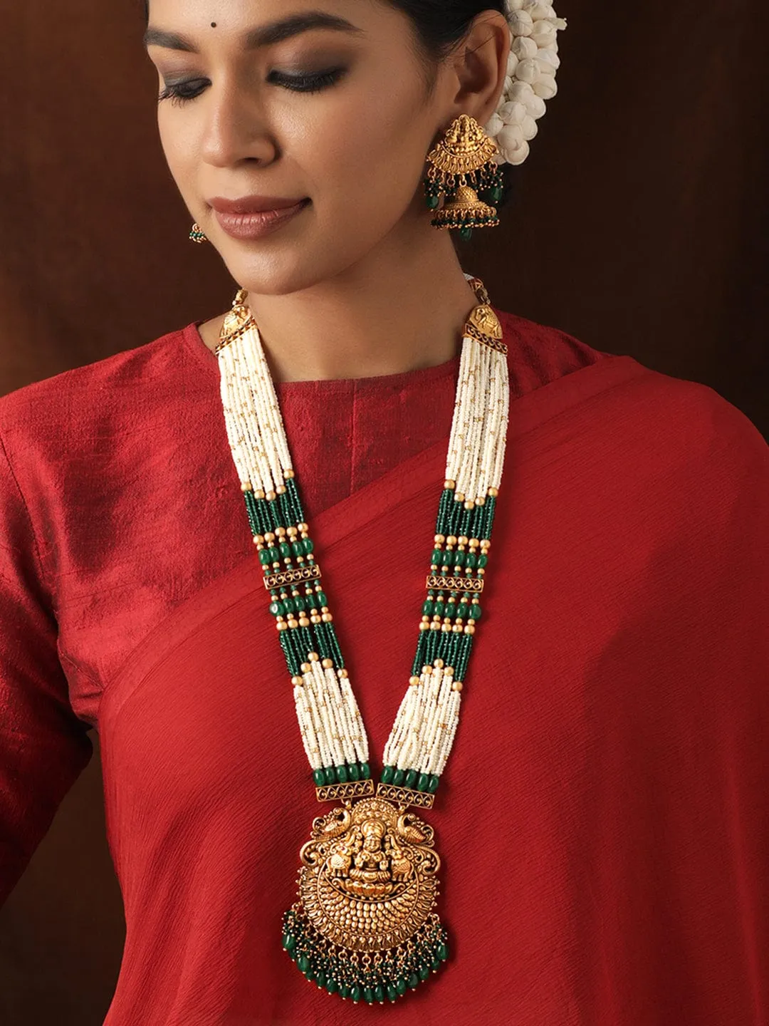 Rubans 22k Gold plated Green & Pearl beaded handcrafted temple long necklace set