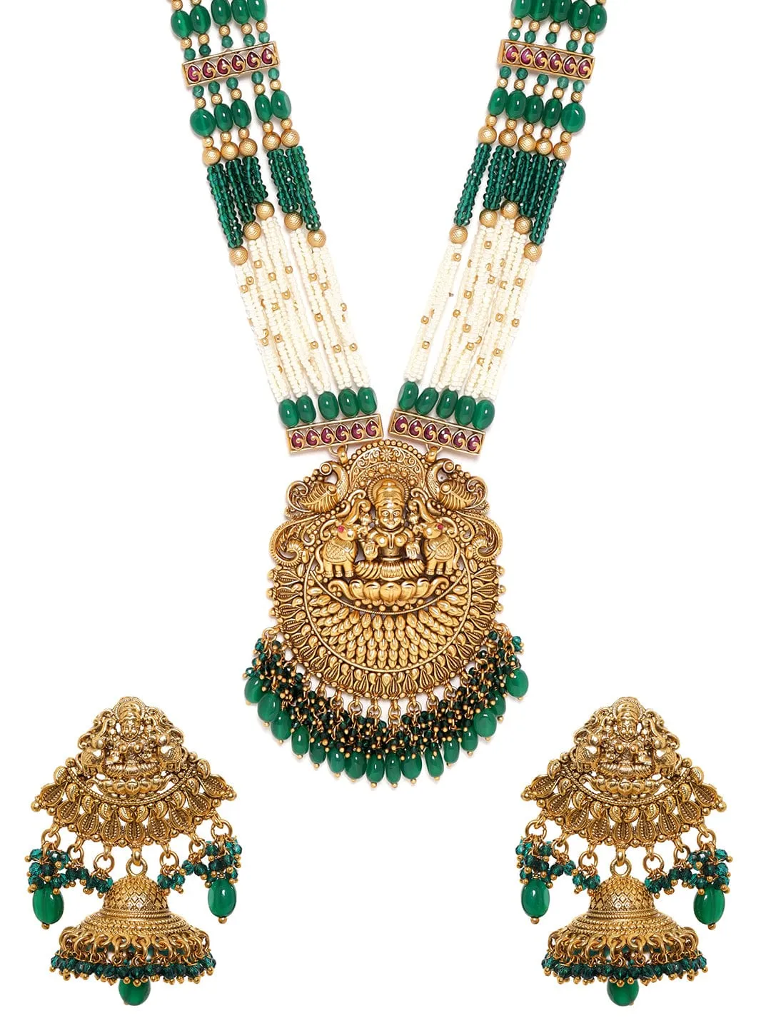 Rubans 22k Gold plated Green & Pearl beaded handcrafted temple long necklace set