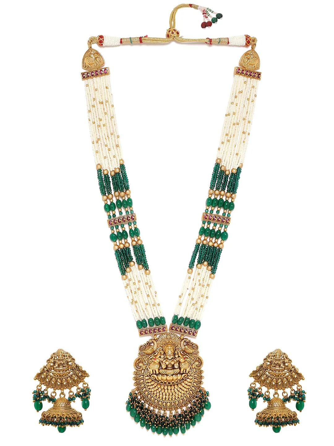 Rubans 22k Gold plated Green & Pearl beaded handcrafted temple long necklace set