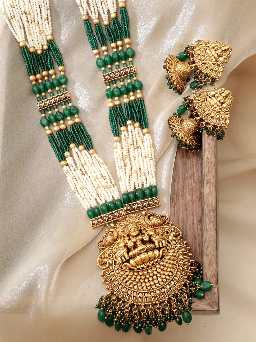 Rubans 22k Gold plated Green & Pearl beaded handcrafted temple long necklace set