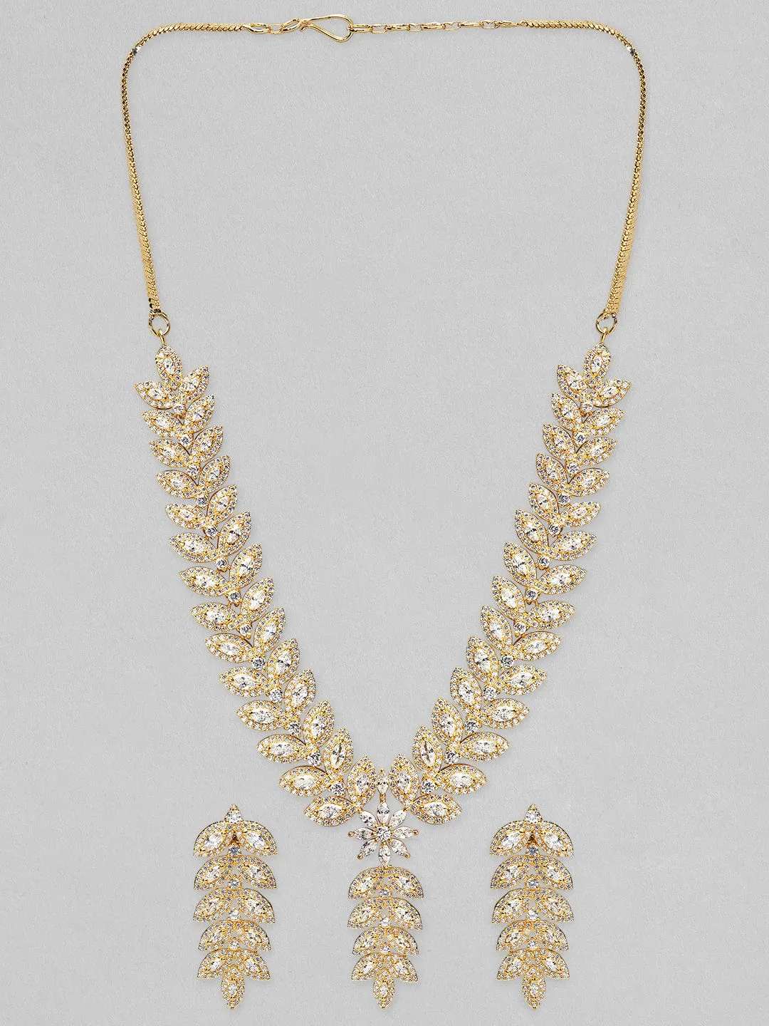 Rubans 24k Gold-Plated Floral & Leaf Design AD Studded Necklace Jewellery Set