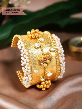 Rubans 24K Gold Plated Handcrafted Handcuff With Kundan, Pearls & Golden Beads