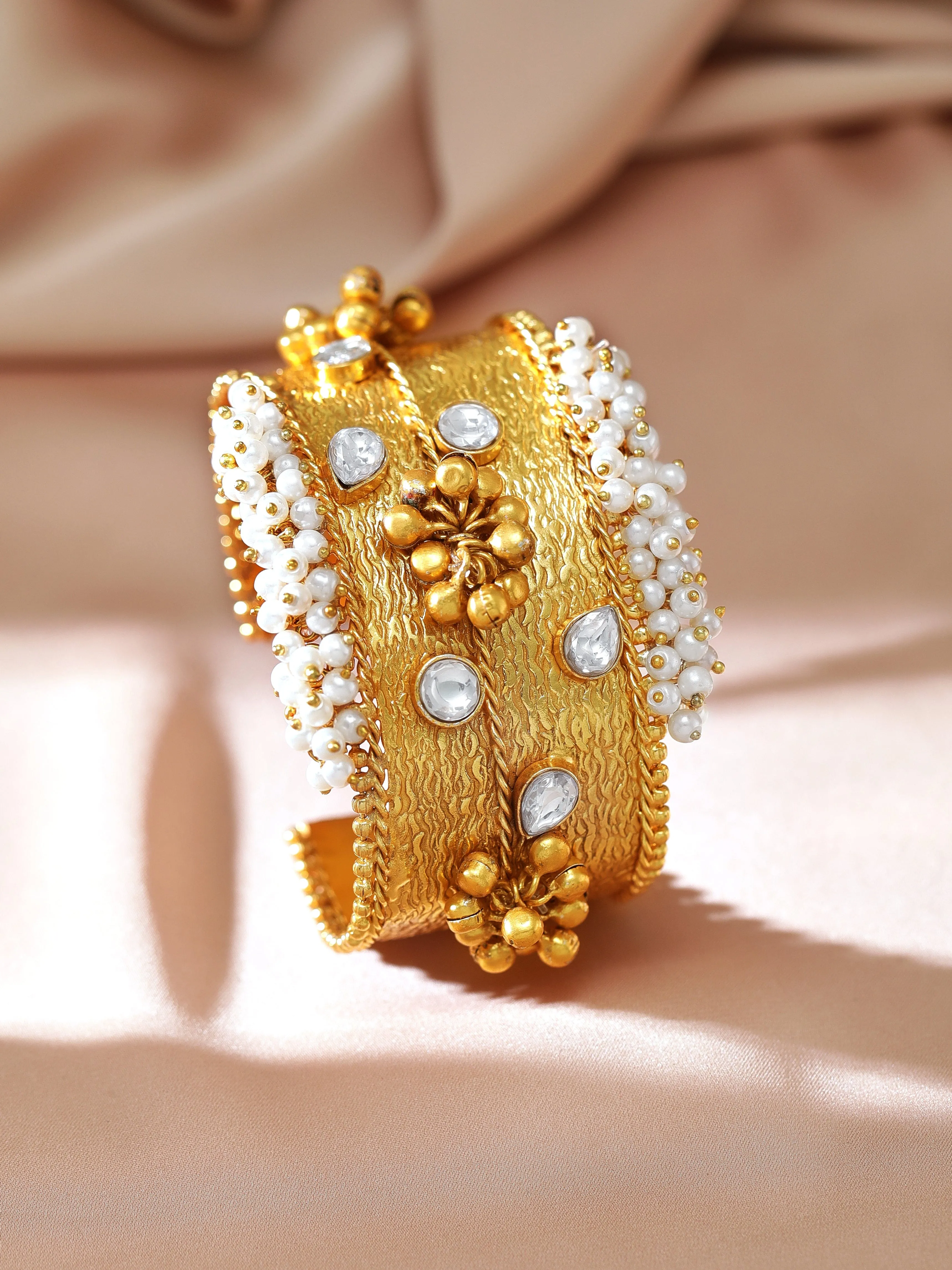 Rubans 24K Gold Plated Handcrafted Handcuff With Kundan, Pearls & Golden Beads