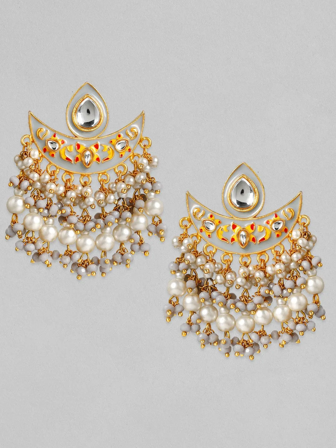 Rubans 24K Gold Plated Handcrafted Kundan & Enamel with White Pearls Chand Bali Earrings