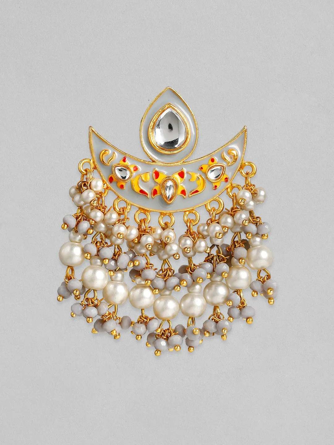 Rubans 24K Gold Plated Handcrafted Kundan & Enamel with White Pearls Chand Bali Earrings