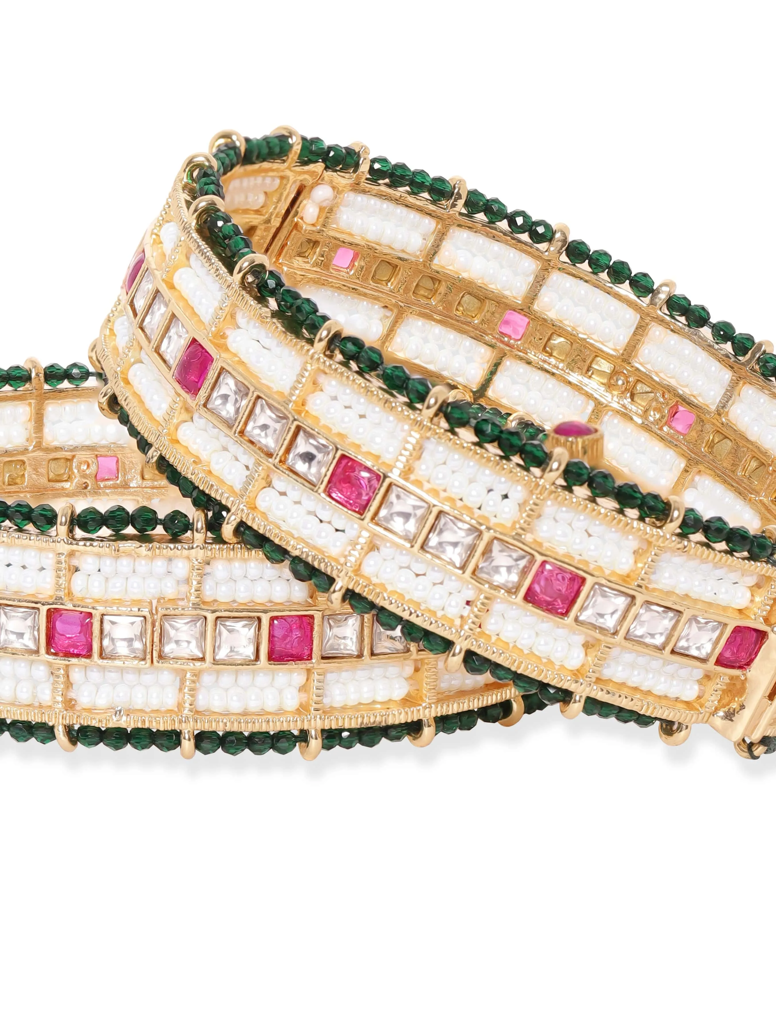 Rubans 24k Gold plated kundan & kemp studded green crystal with pearl beaded handcrafted bangles