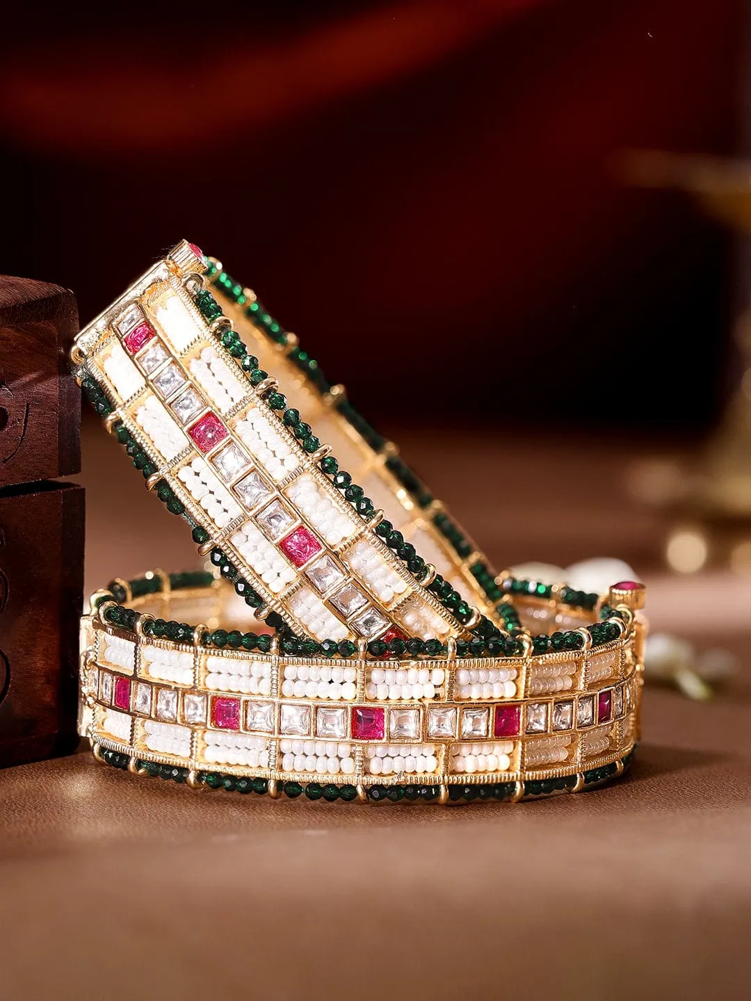 Rubans 24k Gold plated kundan & kemp studded green crystal with pearl beaded handcrafted bangles