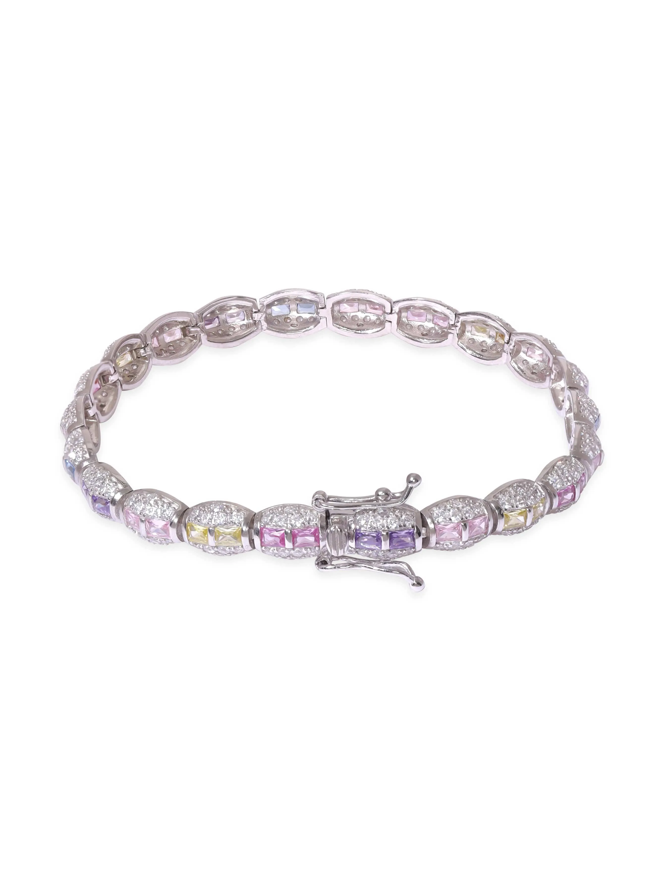 Rubans 925 Silver Rhodium plated 925 Sterling Silver Pastel & White Pave Zirconia Studded Luxury Bracelet