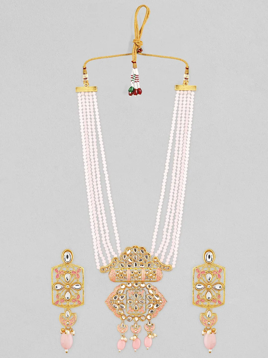 Rubans Gold Plated Kundan Studded Necklace With Pastel Pink Beads.