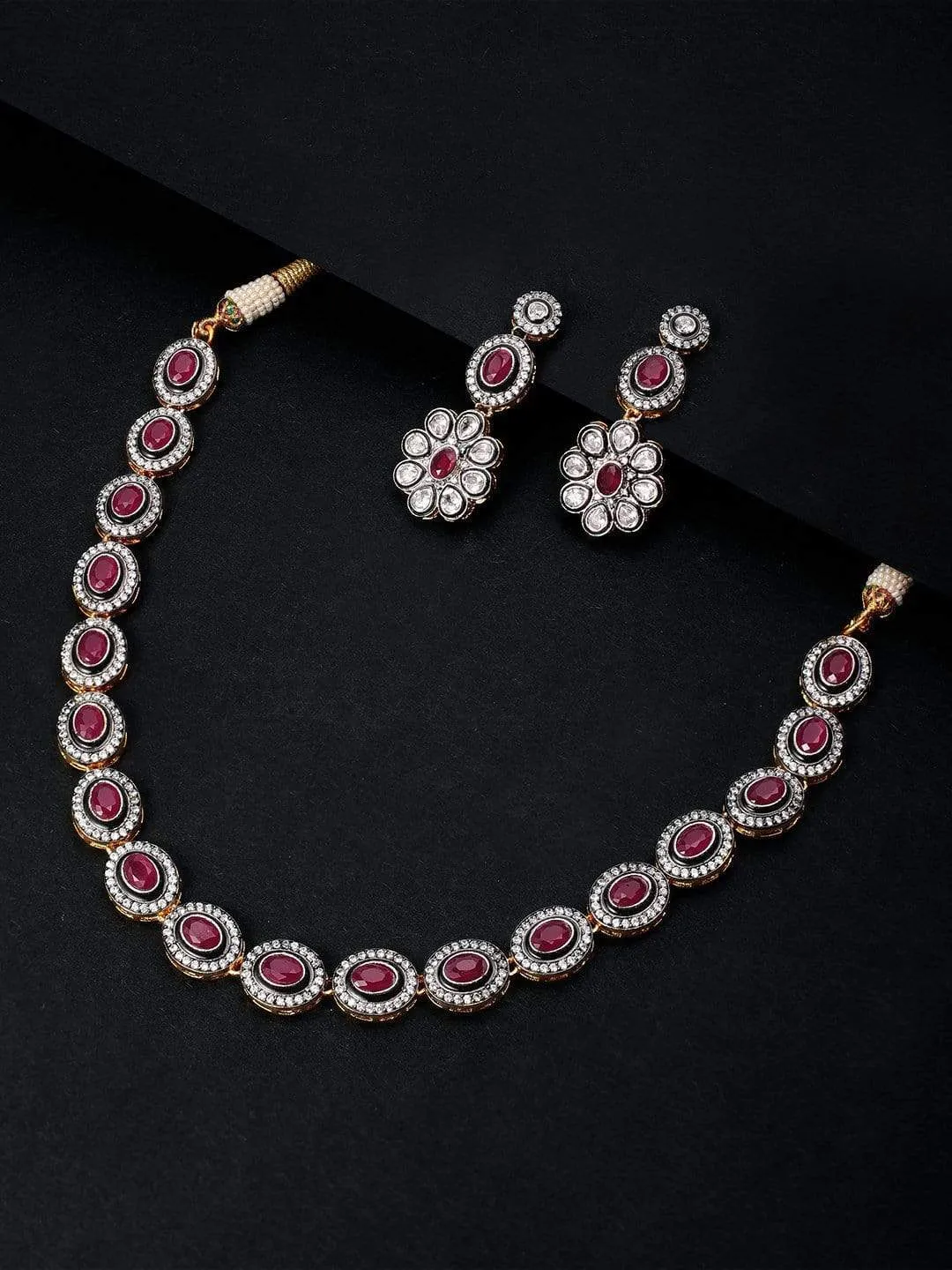 Rubans Gold Plated Vintage CZ Studded Faux Ruby Embellished  Necklace Set