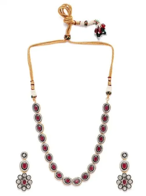 Rubans Gold Plated Vintage CZ Studded Faux Ruby Embellished  Necklace Set