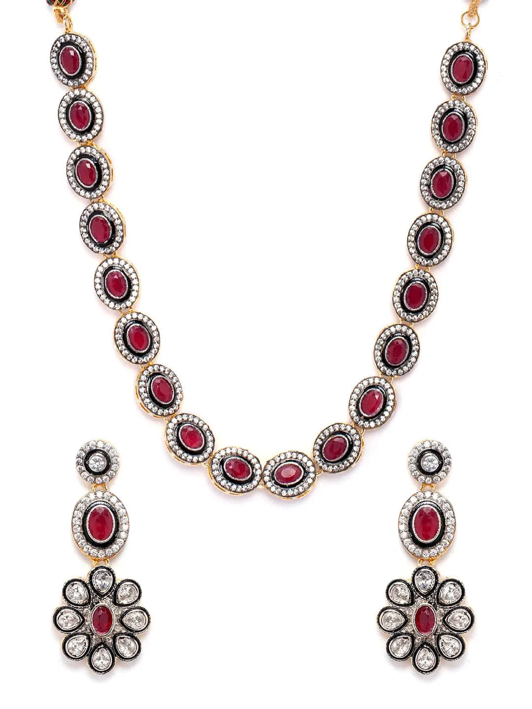 Rubans Gold Plated Vintage CZ Studded Faux Ruby Embellished  Necklace Set