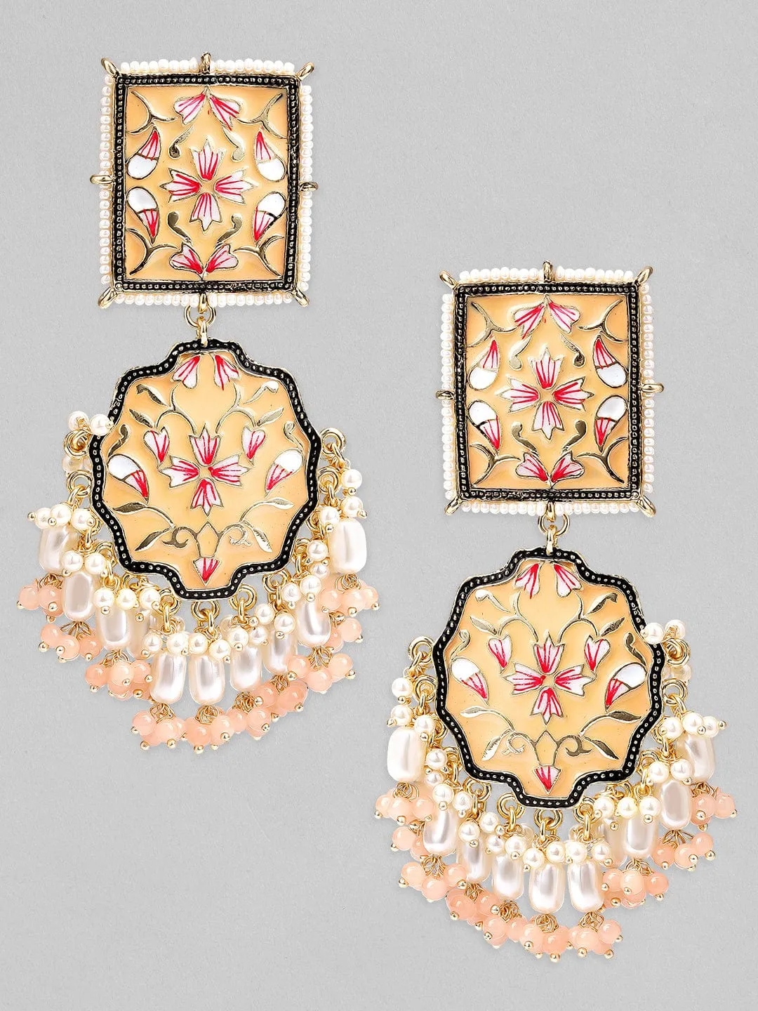 Rubans Gold Toned Handcrafted White Beaded Enameled Multicolor Floral Drop Earrings