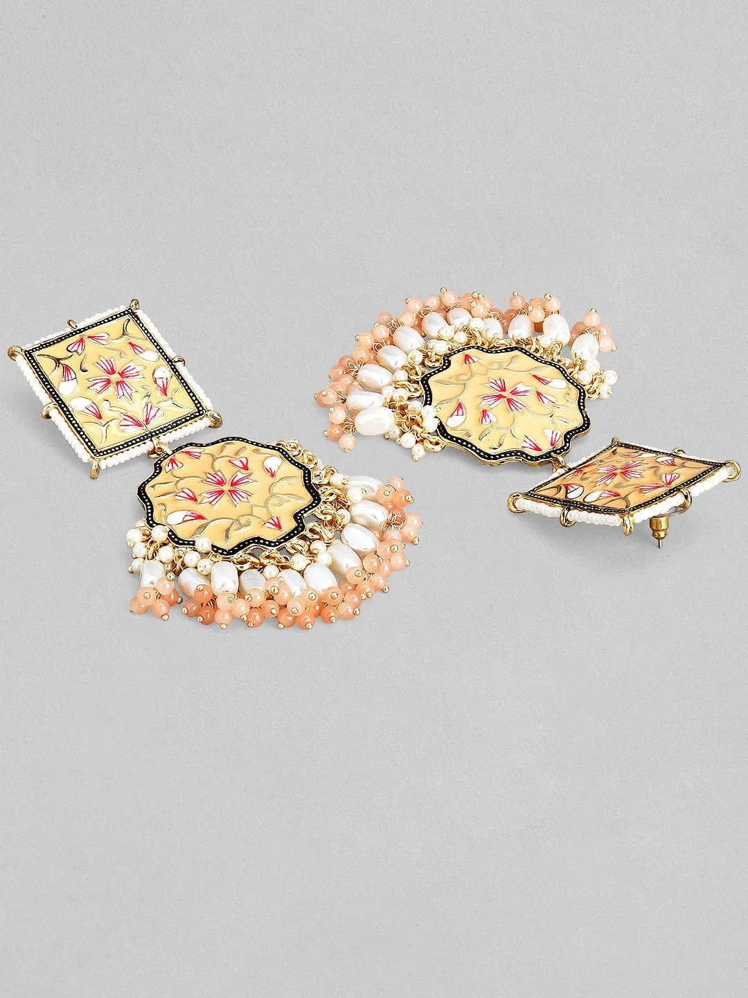 Rubans Gold Toned Handcrafted White Beaded Enameled Multicolor Floral Drop Earrings