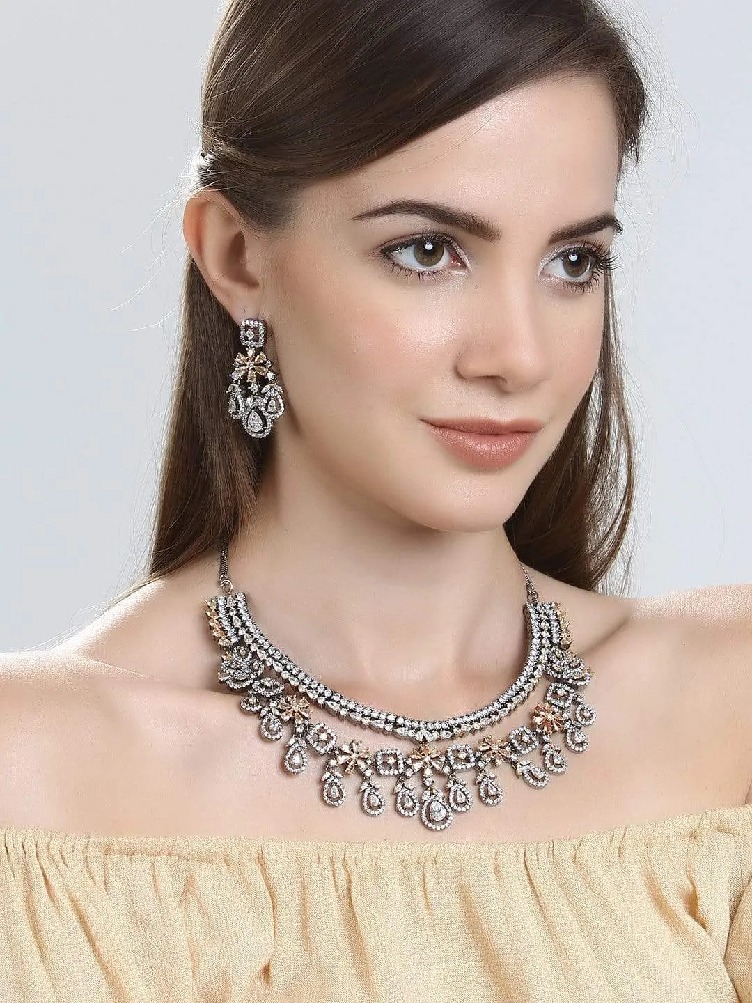 Rubans LUXURY Silver-Plated Zircon Studded Handcrafted Jewellery Set