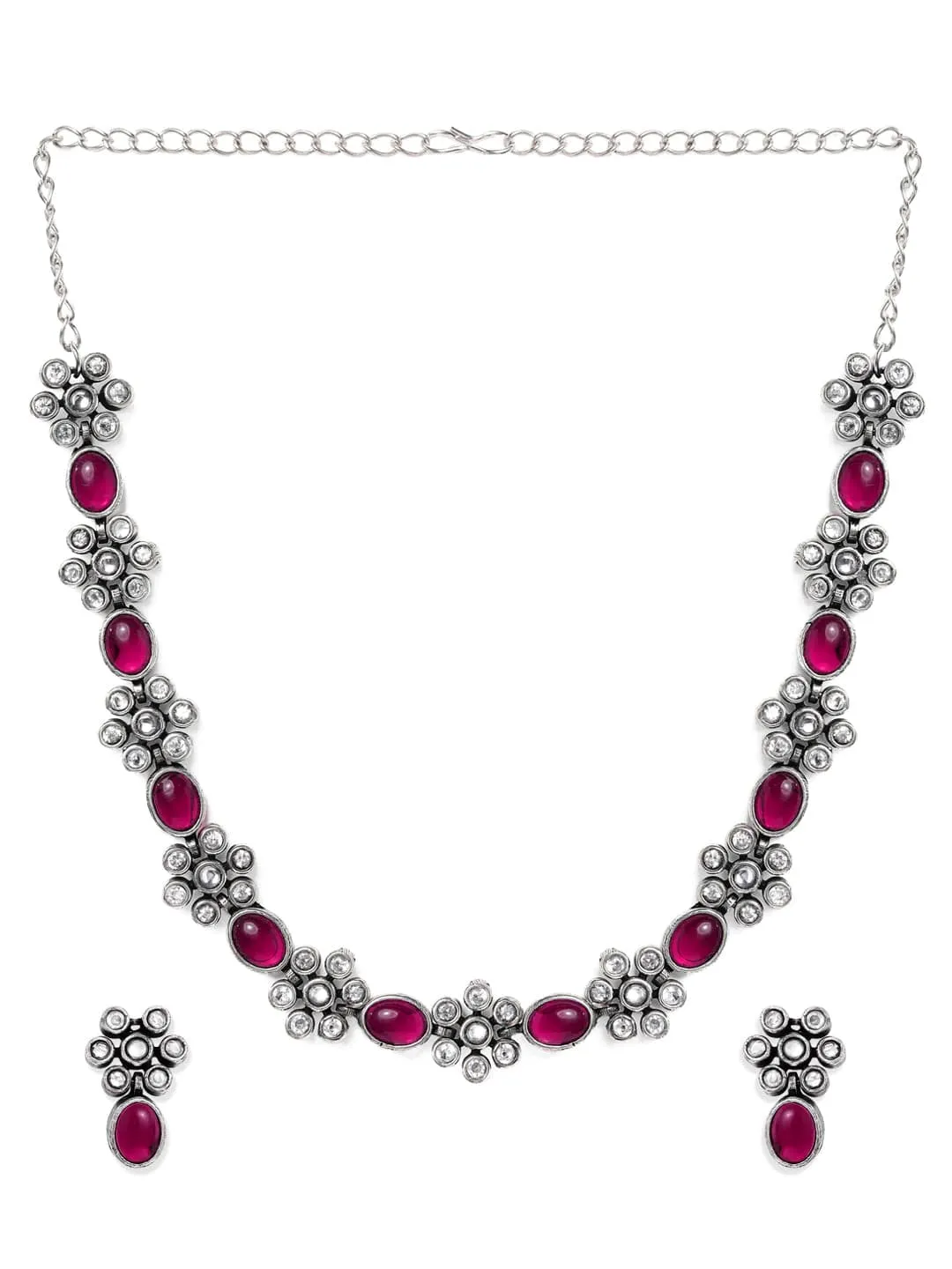 Rubans Oxidised Silver Plated Handcrafted Ruby Stone Necklace Set