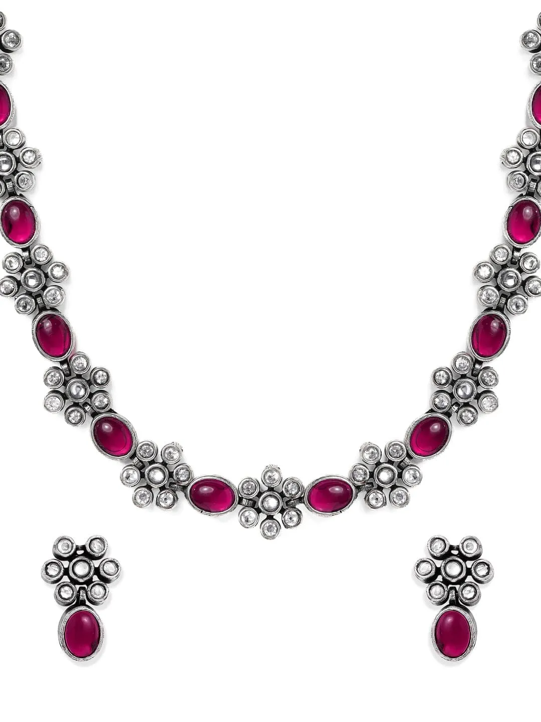 Rubans Oxidised Silver Plated Handcrafted Ruby Stone Necklace Set