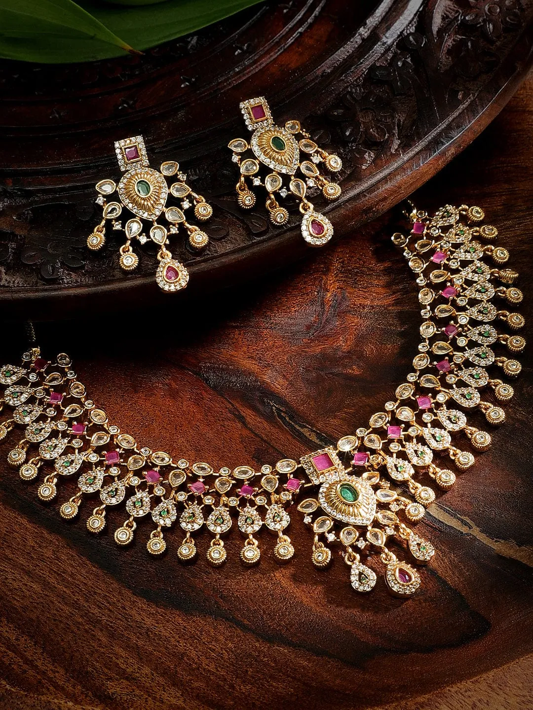 Rubans Regal Gold Tone Temple Necklace Set with Multicolored Stones by Rubans