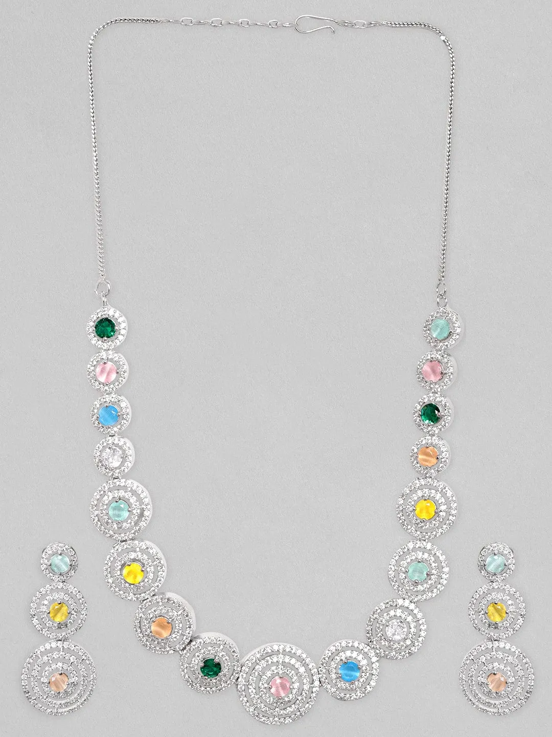 Rubans Rhodium Plated Multicoloured Zircons Studded Jewellery Set