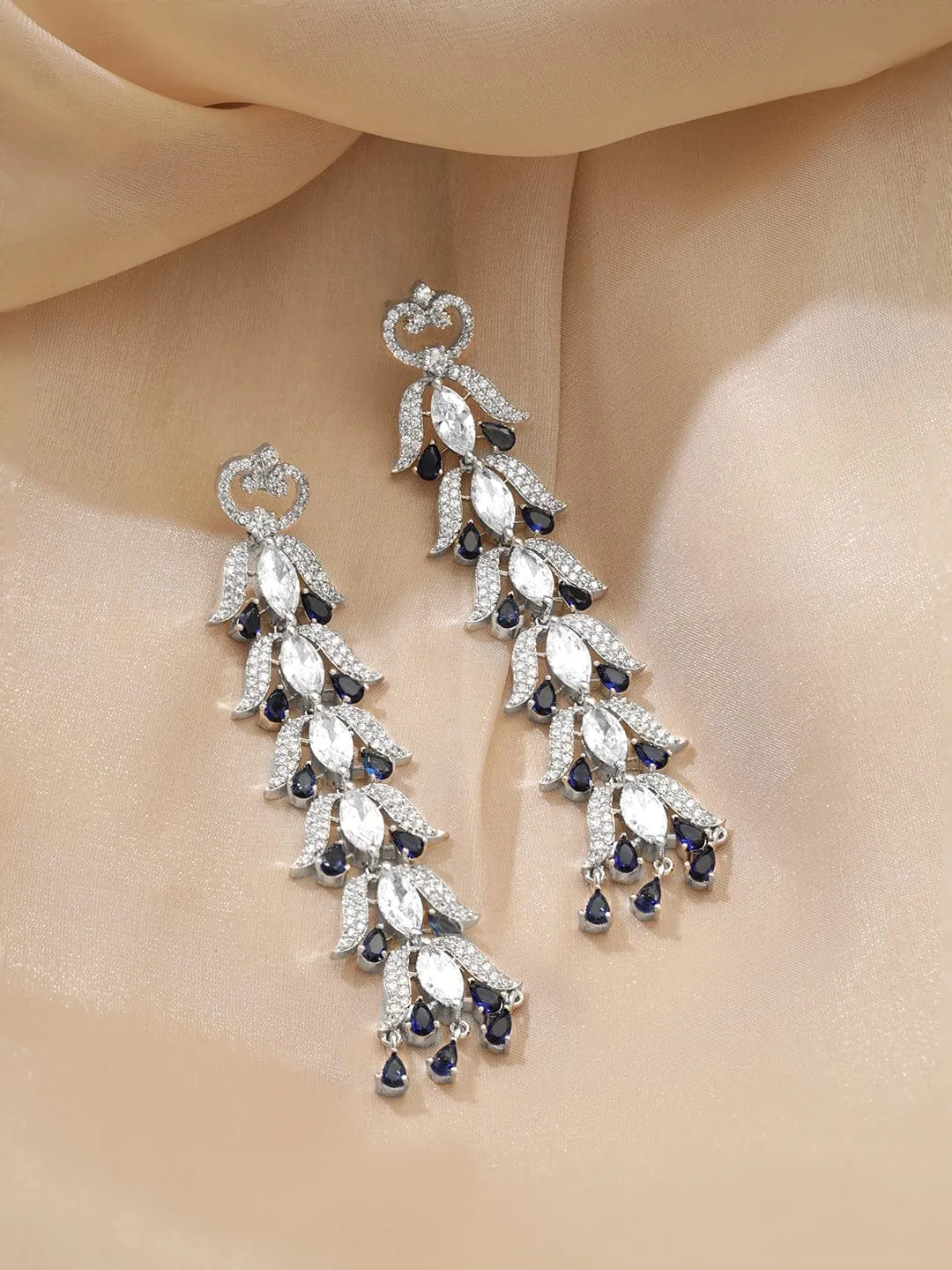 Rubans Rhodium Plated Zirconia Studded Stainless Steel Teardrop Shaped Drop Earrings