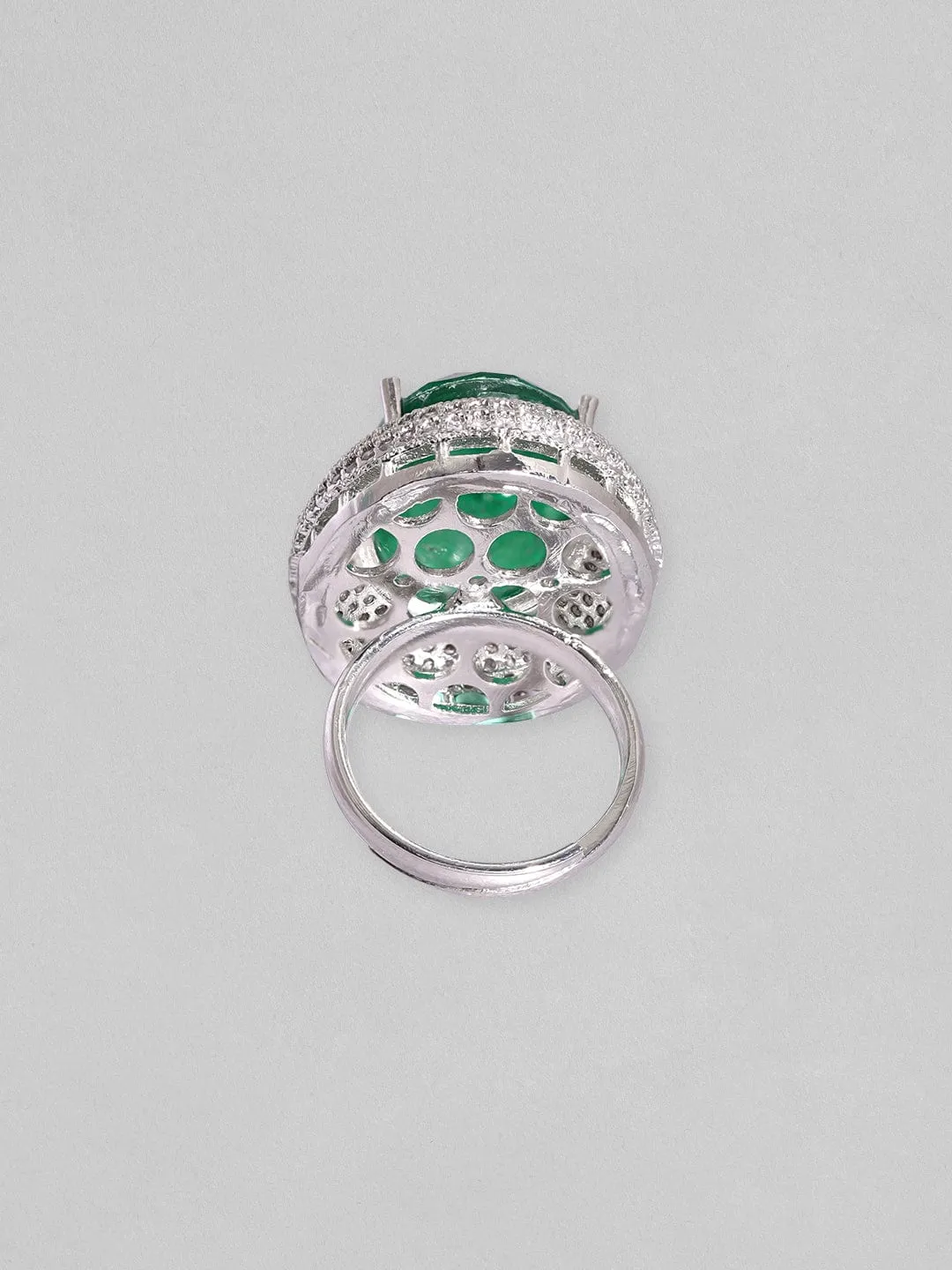 Rubans Rhodium Plated Zircons & Emerald Stone Studded Statement Ring