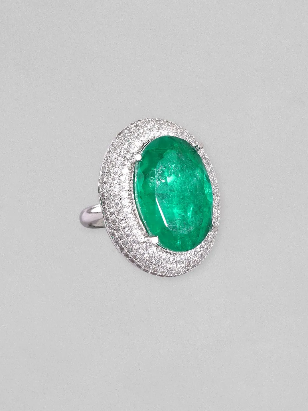 Rubans Rhodium Plated Zircons & Emerald Stone Studded Statement Ring